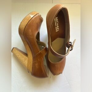 Michael Kors Hancock Platform Mary Jane Peep Toe Heel Cognac Brown - Size 9